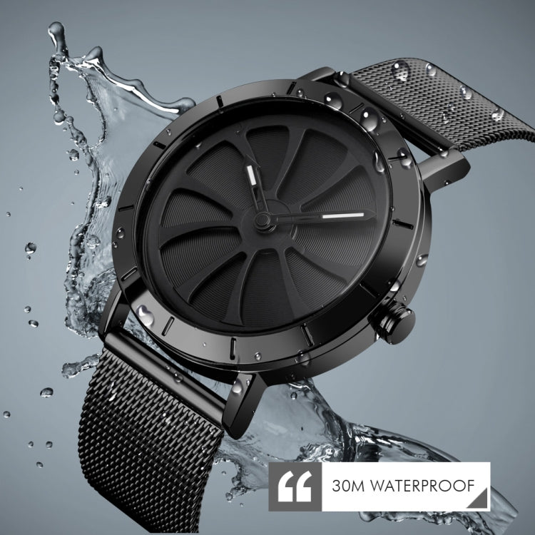 SKMEI 9204 Fashion Skeleton Rotating Dial Waterproof Business Mesh Belt Quartz Watch Men Watch(Black) - free shipping - PMC TechLife - Order now!