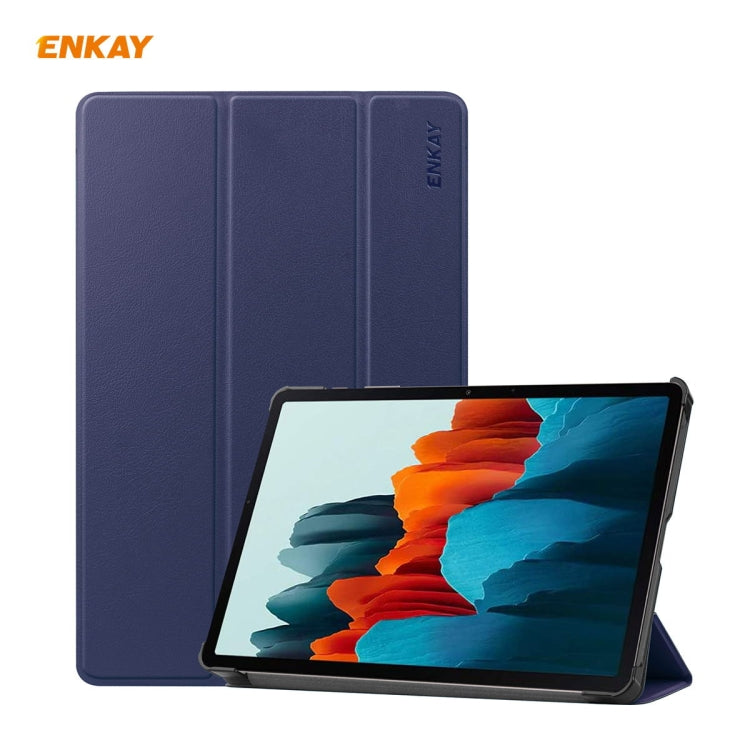 ENKAY ENK-8010 PU Leather + Plastic Smart Case with Three-folding Holder for Samsung Galaxy Tab S8 / Galaxy Tab S7 11.0 T870 / T875(Dark Blue) - free shipping - PMc TechLife - Order now!