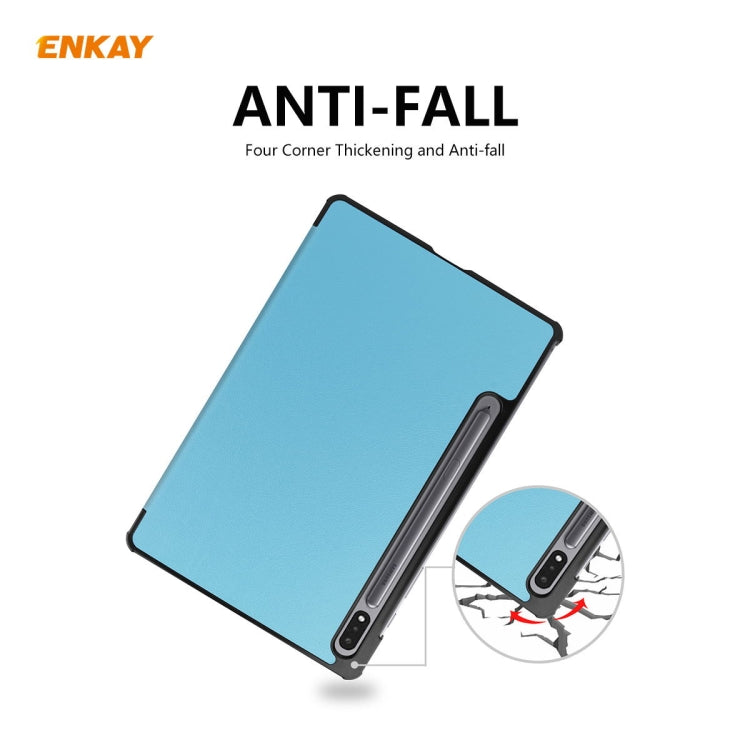 ENKAY ENK-8010 PU Leather + Plastic Smart Case with Three-folding Holder for Samsung Galaxy Tab S8 / Galaxy Tab S7 11.0 T870 / T875(Light Blue) - free shipping - PMc TechLife - Order now!