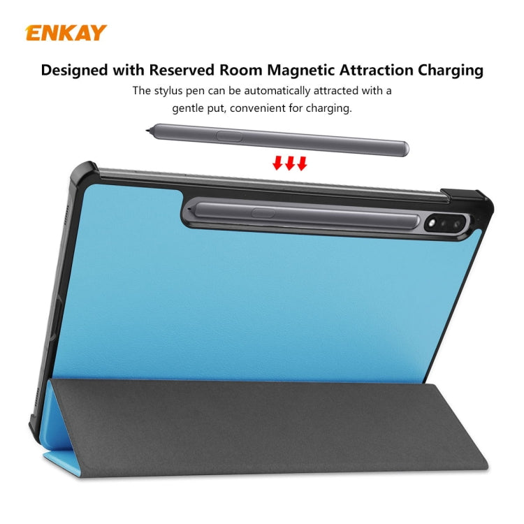 ENKAY ENK-8010 PU Leather + Plastic Smart Case with Three-folding Holder for Samsung Galaxy Tab S8 / Galaxy Tab S7 11.0 T870 / T875(Light Blue) - free shipping - PMc TechLife - Order now!