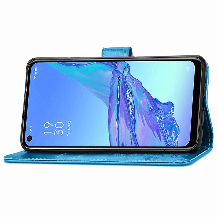 For Oppo A53 2020 Four-leaf Clasp Embossed Buckle Mobile Phone Protection Leather Case with Lanyard & Card Slot & Wallet & Bracket Function(Blue) - OPPO Cases by PMC Jewellery | Online Shopping South Africa | PMC Jewellery | Buy Now Pay Later Mobicred