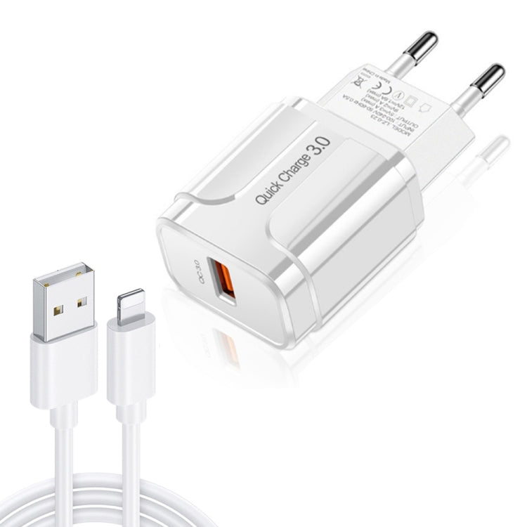 LZ-023 18W QC 3.0 USB Portable Travel Charger + 3A USB to 8 Pin Data Cable, EU Plug(White) - USB Charger by PMC Jewellery | Online Shopping South Africa | PMC Jewellery | Buy Now Pay Later Mobicred