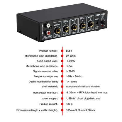 B054 4-Channel Microphone Mixer Support Stereo Output With Reverb Treble And Bass Adjustment, USB 5V Power Supply, US Plug -  by PMC Jewellery | Online Shopping South Africa | PMC Jewellery