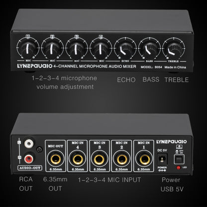 B054 4-Channel Microphone Mixer Support Stereo Output With Reverb Treble And Bass Adjustment, USB 5V Power Supply, US Plug -  by PMC Jewellery | Online Shopping South Africa | PMC Jewellery