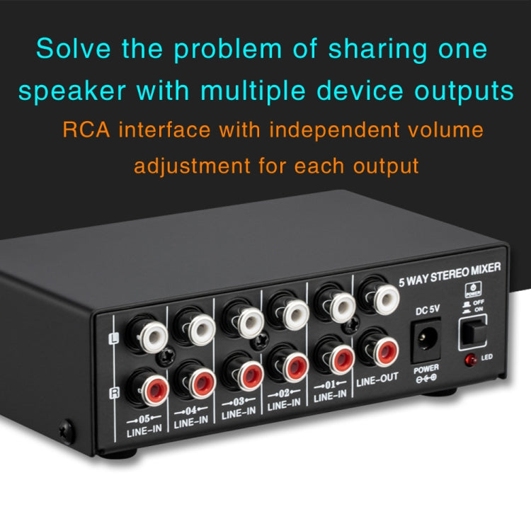 B055 5-Channel Active Stereo Mixer Multi-Channel Mixer with Independent Volume Adjustment  & USB 5V Power Output & Headphone Monitoring, US Plug -  by PMC Jewellery | Online Shopping South Africa | PMC Jewellery | Buy Now Pay Later Mobicred