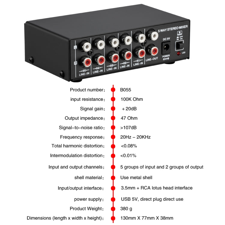 B055 5-Channel Active Stereo Mixer Multi-Channel Mixer with Independent Volume Adjustment  & USB 5V Power Output & Headphone Monitoring, US Plug -  by PMC Jewellery | Online Shopping South Africa | PMC Jewellery | Buy Now Pay Later Mobicred