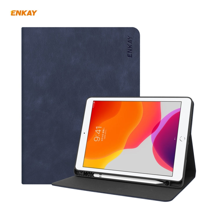 For iPad 10.2 2021 / 2020 / 2019 ENKAY ENK-8023 Cow Texture PU Leather + TPU Smart Case with Pen Slot(Dark Blue) - free shipping - PMc TechLife - Order now!