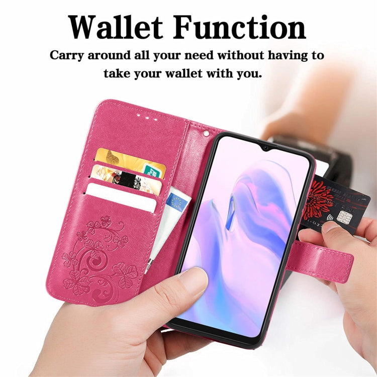 For Blackview A70 Four-leaf Clasp Embossed Buckle Mobile Phone Protection Leather Case with Lanyard & Card Slot & Wallet & Bracket Function(Magenta) - More Brand by PMC Jewellery | Online Shopping South Africa | PMC Jewellery | Buy Now Pay Later Mobicred