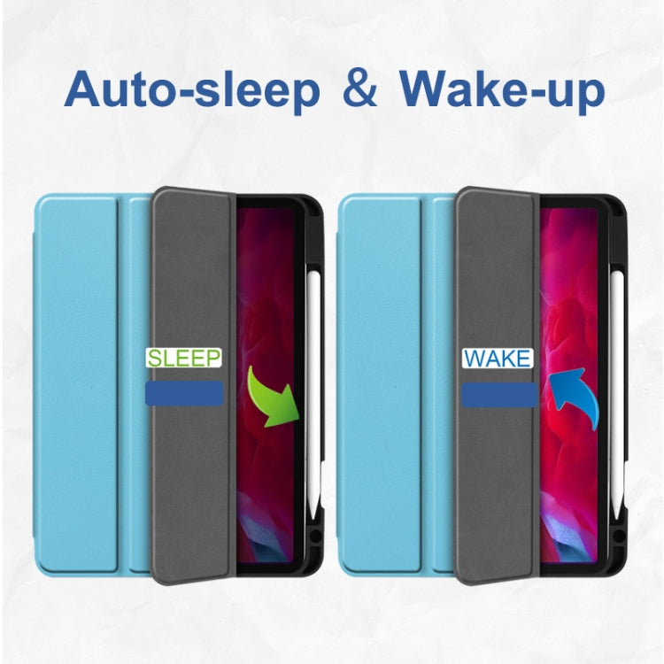 For iPad Pro 11 2022 / 2021 / 2020 ENKAY 3-Folding Shockproof TPU Cover Custer Texture PU Leather Tablet Case with Pencil Slot & Holder & Sleep / Wake-up Function(Dark Blue) - free shipping - PMc TechLife - Order now!