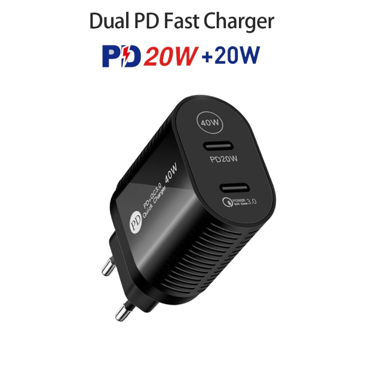 40W Dual Port PD / Type-C Fast Charger with Type-C to 8 Pin Data Cable, EU Plug(Black) - USB Charger by PMC Jewellery | Online Shopping South Africa | PMC Jewellery | Buy Now Pay Later Mobicred