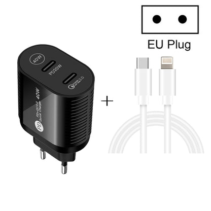 40W Dual Port PD / Type-C Fast Charger with Type-C to 8 Pin Data Cable, EU Plug(Black) - USB Charger by PMC Jewellery | Online Shopping South Africa | PMC Jewellery | Buy Now Pay Later Mobicred