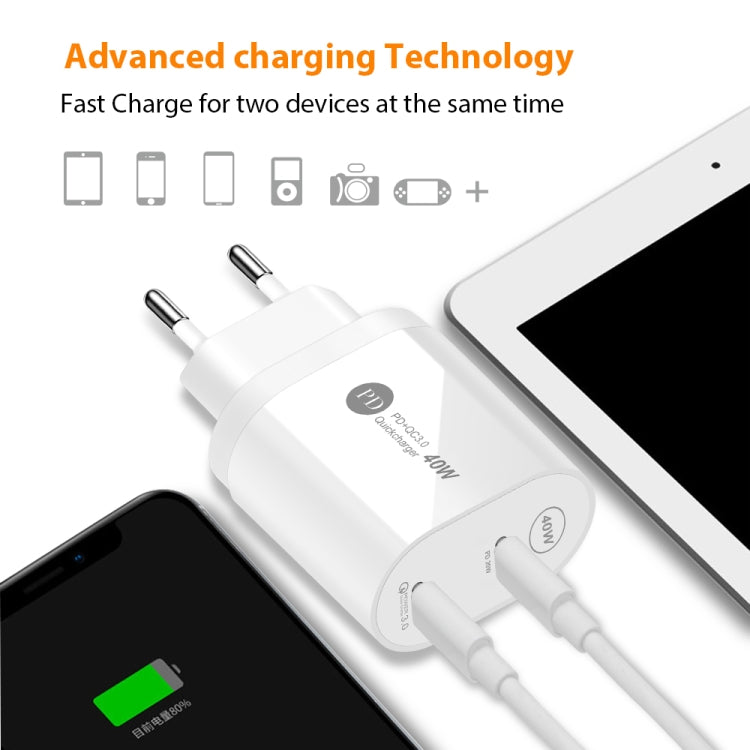 40W Dual Port PD / Type-C Fast Charger with Type-C to 8 Pin Data Cable, UK Plug(White) - free shipping - PMC Jewellery - Order now!