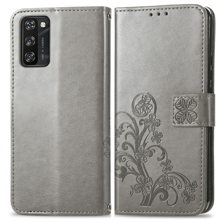 For Blackview A100 Four-leaf Clasp Embossed Buckle Mobile Phone Protection Leather Case with Lanyard & Card Slot & Wallet & Bracket Function(Grey) - More Brand by PMC Jewellery | Online Shopping South Africa | PMC Jewellery | Buy Now Pay Later Mobicred