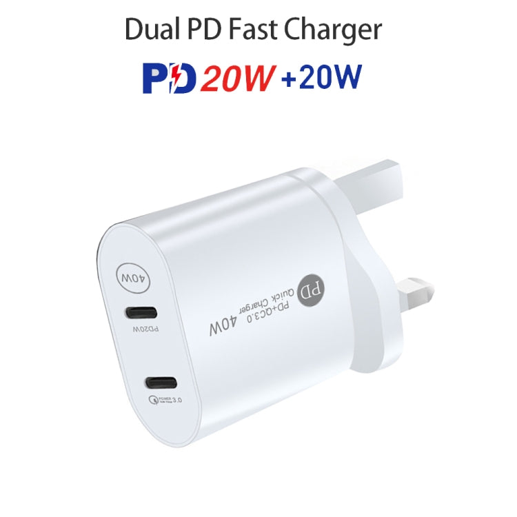 002 40W Dual Port PD USB-C / Type-C Fast Charger for iPhone / iPad Series, UK Plug(White) - USB Charger by PMC Jewellery | Online Shopping South Africa | PMC Jewellery | Buy Now Pay Later Mobicred