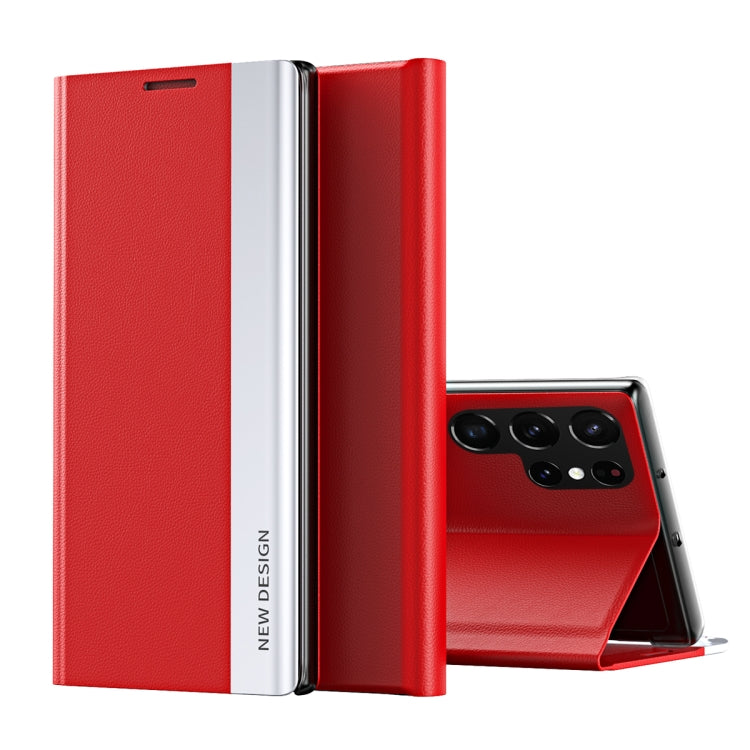 For Samsung Galaxy S22 Ultra 5G Side Electroplated Magnetic Ultra-Thin Horizontal Flip Leather Case with Holder(Red) - Galaxy S22 Ultra 5G Cases by PMC TechLife | Online Shopping South Africa | PMC TechLife | Buy Now Pay Later Mobicred