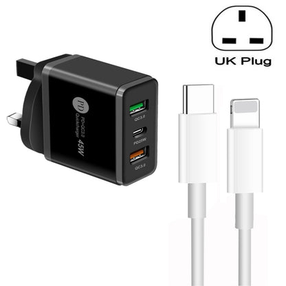 45W PD3.0 + 2 x QC3.0 USB Multi Port Charger with Type-C to 8 Pin Cable, UK Plug(Black) - USB Charger by PMC Jewellery | Online Shopping South Africa | PMC Jewellery | Buy Now Pay Later Mobicred