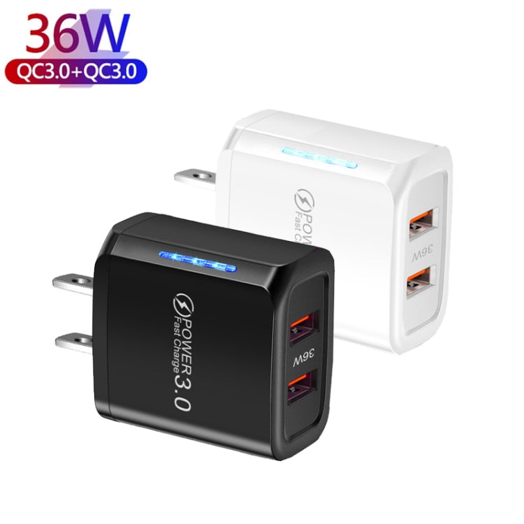 36W Dual Port QC3.0 USB Mobile Phone Charger Dual 18W Output, US Plug(Black) - USB Charger by PMC Jewellery | Online Shopping South Africa | PMC Jewellery | Buy Now Pay Later Mobicred