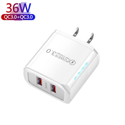 36W Dual Port QC3.0 USB Charger with 3A USB to 8 Pin Data Cable, US Plug(White) - USB Charger by PMC Jewellery | Online Shopping South Africa | PMC Jewellery | Buy Now Pay Later Mobicred