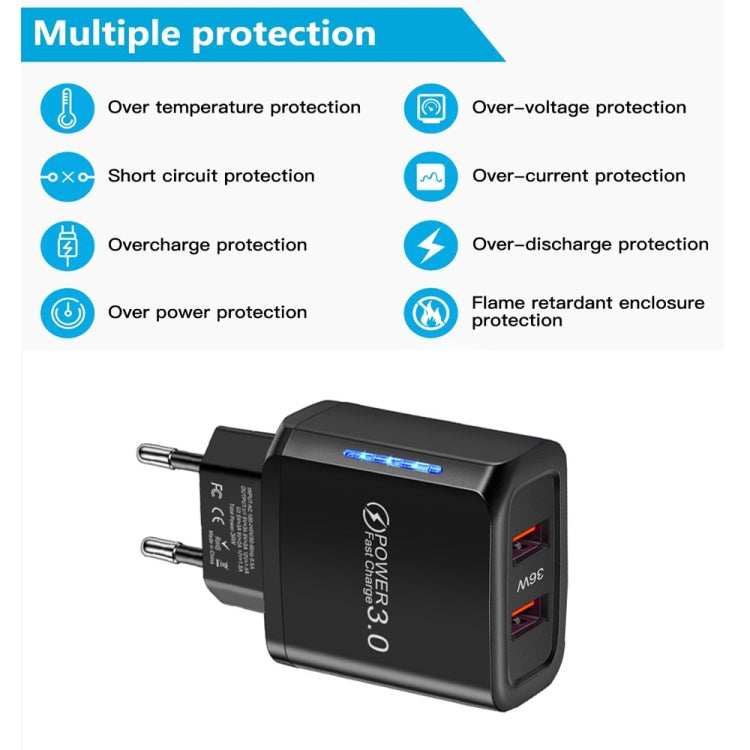 36W Dual Port QC3.0 USB Charger with 3A USB to 8 Pin Data Cable, EU Plug(Black) - USB Charger by PMC Jewellery | Online Shopping South Africa | PMC Jewellery | Buy Now Pay Later Mobicred