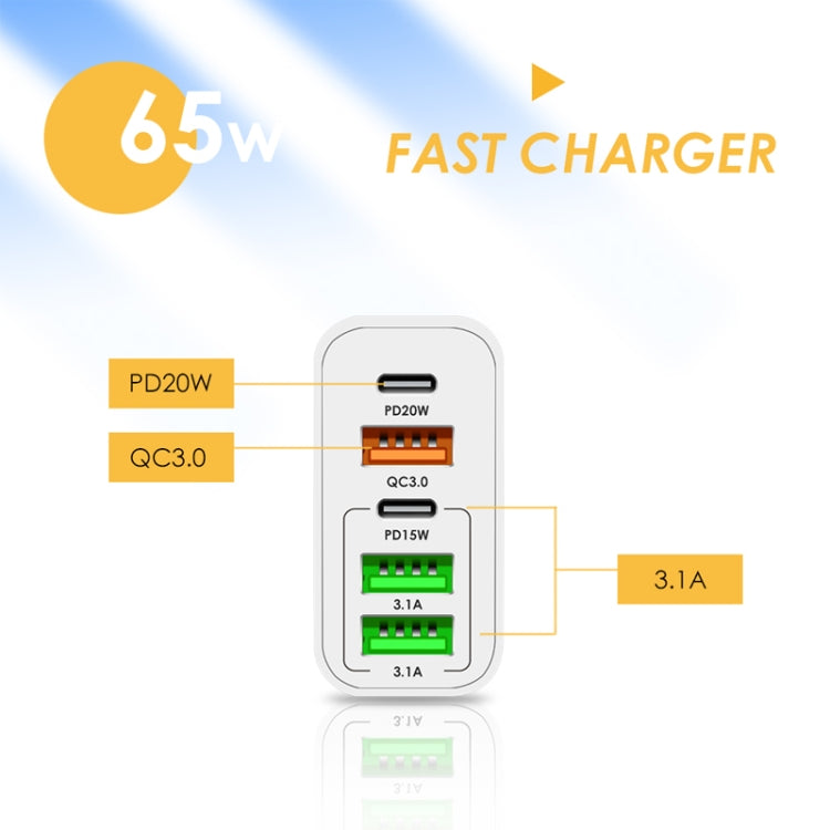 65W Dual PD Type-C + 3 x USB Multi Port Charger with 3A Type-C to 8 Pin Data Cable, US Plug(White) - USB Charger by PMC Jewellery | Online Shopping South Africa | PMC Jewellery | Buy Now Pay Later Mobicred