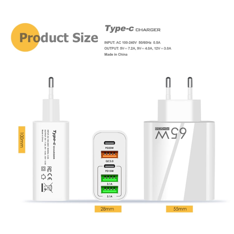 65W Dual PD Type-C + 3 x USB Multi Port Charger with 3A Type-C to 8 Pin Data Cable, US Plug(Black) - free shipping - PMC Jewellery - Order now!
