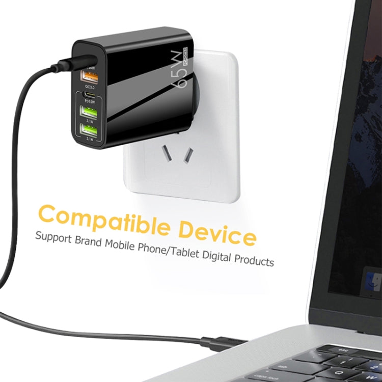 65W Dual PD Type-C + 3 x USB Multi Port Charger with 3A Type-C to 8 Pin Data Cable, US Plug(Black) - free shipping - PMC Jewellery - Order now!