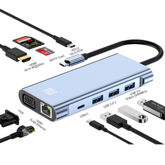 JUNSUNMAY 10 in 1 Type-C to 4K HDMI + VGA +RJ45 + 3.5mm Audio Docking Station Adapter PD Quick Charge Hub SD/TF Card Reader - USB HUB by JUNSUNMAY | Online Shopping South Africa | PMC Jewellery | Buy Now Pay Later Mobicred