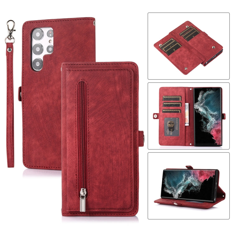 For Samsung Galaxy S22 Ultra 5G Zipper Card Slot Buckle Wallet Leather Phone Case(Red) - Galaxy S22 Ultra 5G Cases by PMC TechLife | Online Shopping South Africa | PMC TechLife
