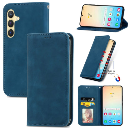 For Samsung Galaxy S25 5G Retro Skin Feel Magnetic Leather Phone Case(Blue) - Galaxy S25 5G Cases by PMC Jewellery | Online Shopping South Africa | PMC Jewellery | Buy Now Pay Later Mobicred