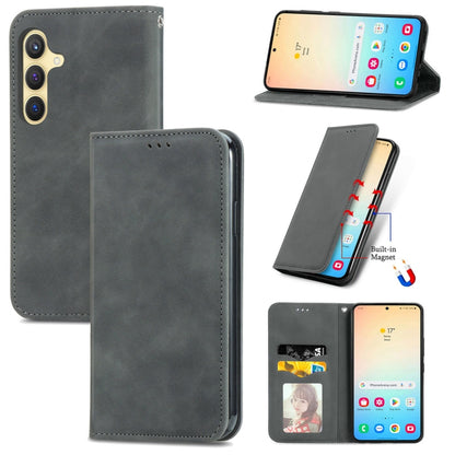 For Samsung Galaxy S25 5G Retro Skin Feel Magnetic Leather Phone Case(Gray) - Galaxy S25 5G Cases by PMC Jewellery | Online Shopping South Africa | PMC Jewellery | Buy Now Pay Later Mobicred