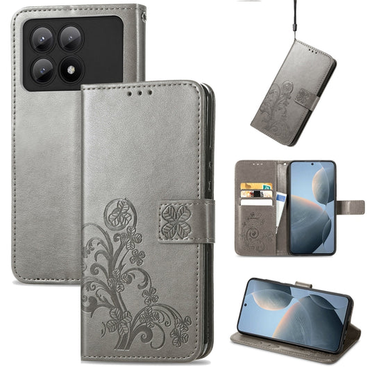 For Xiaomi Redmi K70E Four-leaf Clasp Embossed Leather Phone Case(Gray) - K70E Cases by PMC Jewellery | Online Shopping South Africa | PMC Jewellery | Buy Now Pay Later Mobicred