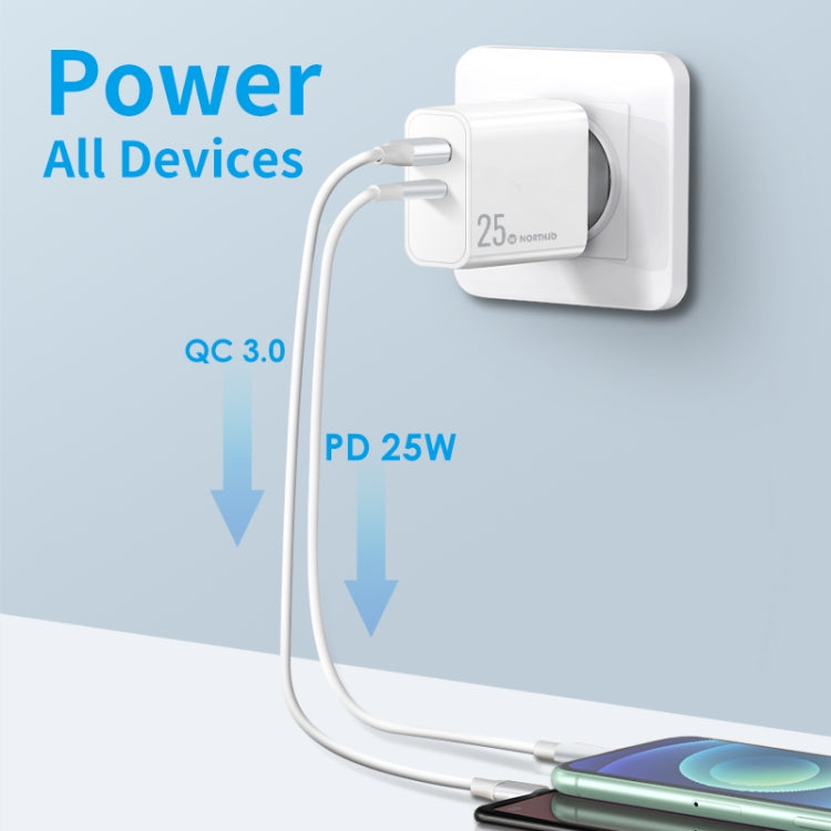 NORTHJO NOPD2502 PD 25W USB-C/Type-C + QC 3.0 USB Dual Ports Fast Charger, Plug Type:EU Plug(White) - free shipping - PMC Jewellery - Order now!