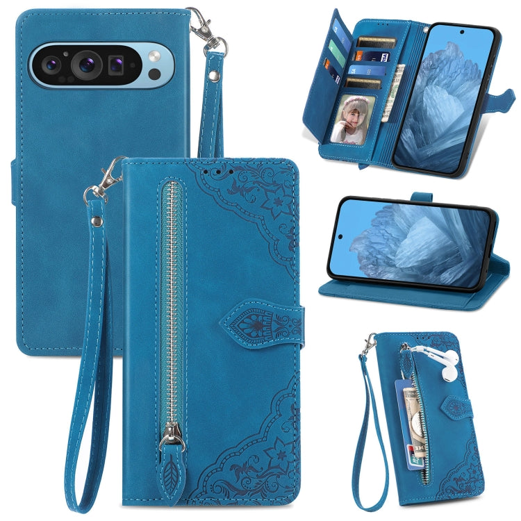 For Google Pixel 9 Pro Embossed Flower Zipper Leather Phone Case(Blue) - Google Cases by PMC Jewellery | Online Shopping South Africa | PMC Jewellery | Buy Now Pay Later Mobicred