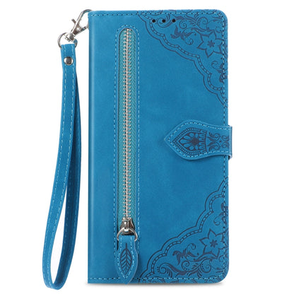 For Google Pixel 9 Pro Embossed Flower Zipper Leather Phone Case(Blue) - Google Cases by PMC Jewellery | Online Shopping South Africa | PMC Jewellery | Buy Now Pay Later Mobicred