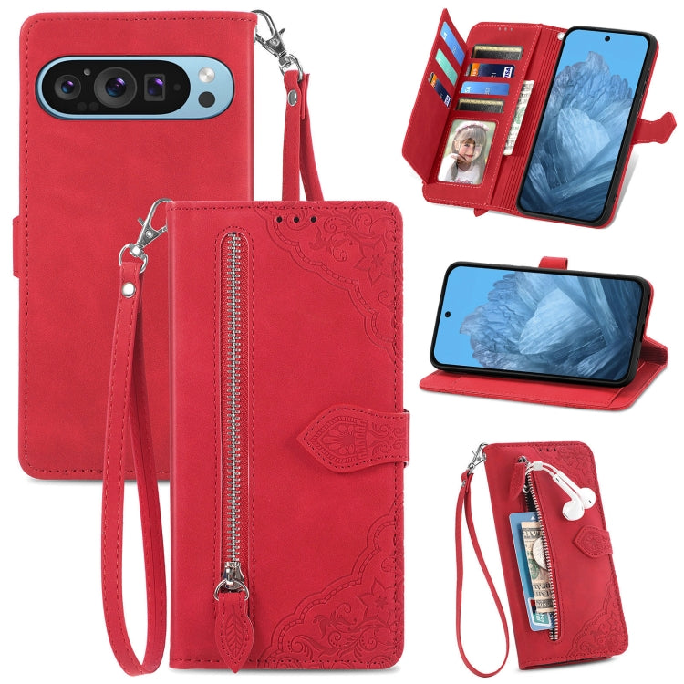 For Google Pixel 9 Embossed Flower Zipper Leather Phone Case(Red) - Google Cases by PMC Jewellery | Online Shopping South Africa | PMC Jewellery | Buy Now Pay Later Mobicred