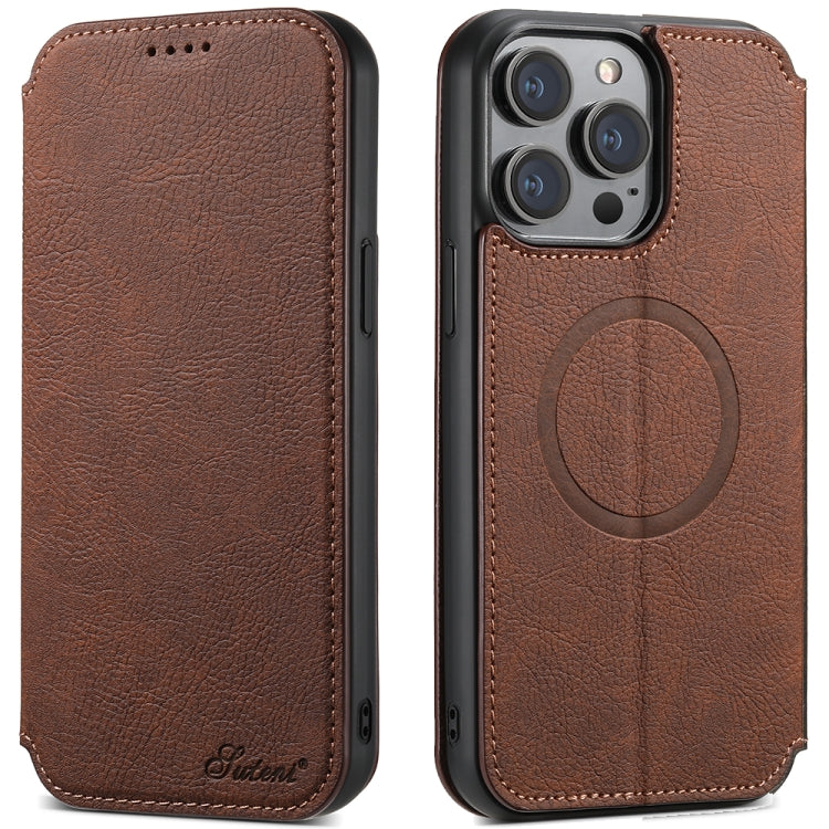 For iPhone 14 Pro Suteni J06 Retro Matte Litchi Texture Leather Magnetic Magsafe Phone Case(Brown) - iPhone 14 Pro Cases by Suteni | Online Shopping South Africa | PMC Jewellery | Buy Now Pay Later Mobicred