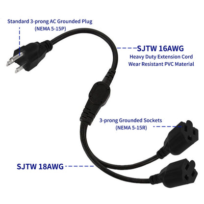 JUNSUNMAY US 1.6FT NEMA 5-15P 1 to 2 Way Outlet NEMA 5-15R SJT 16AWG 3 Prong Power Cable Wire Extender - Power Cord by JUNSUNMAY | Online Shopping South Africa | PMC Jewellery | Buy Now Pay Later Mobicred