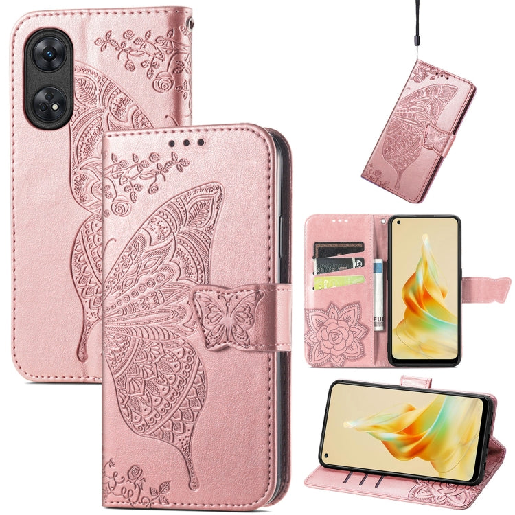 For OPPO Reno8 T 4G Butterfly Love Flower Embossed Leather Phone Case(Rose Gold) - OPPO Cases by PMC Jewellery | Online Shopping South Africa | PMC Jewellery | Buy Now Pay Later Mobicred