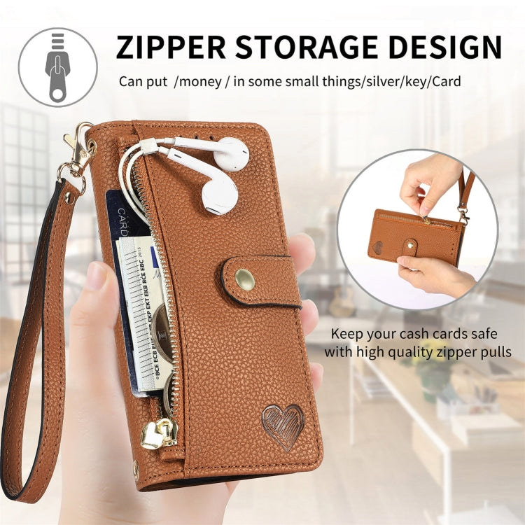 For iPhone 16 Love Zipper Lanyard Leather Phone Case(Brown) - iPhone 16 Cases by PMC Jewellery | Online Shopping South Africa | PMC Jewellery | Buy Now Pay Later Mobicred