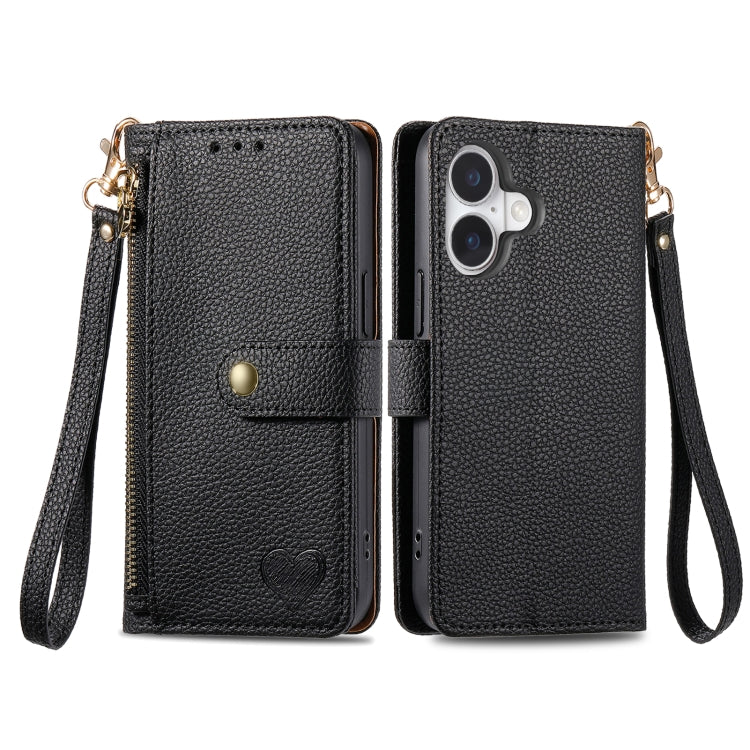 For iPhone 16 Love Zipper Lanyard Leather Phone Case(Black) - iPhone 16 Cases by PMC Jewellery | Online Shopping South Africa | PMC Jewellery | Buy Now Pay Later Mobicred