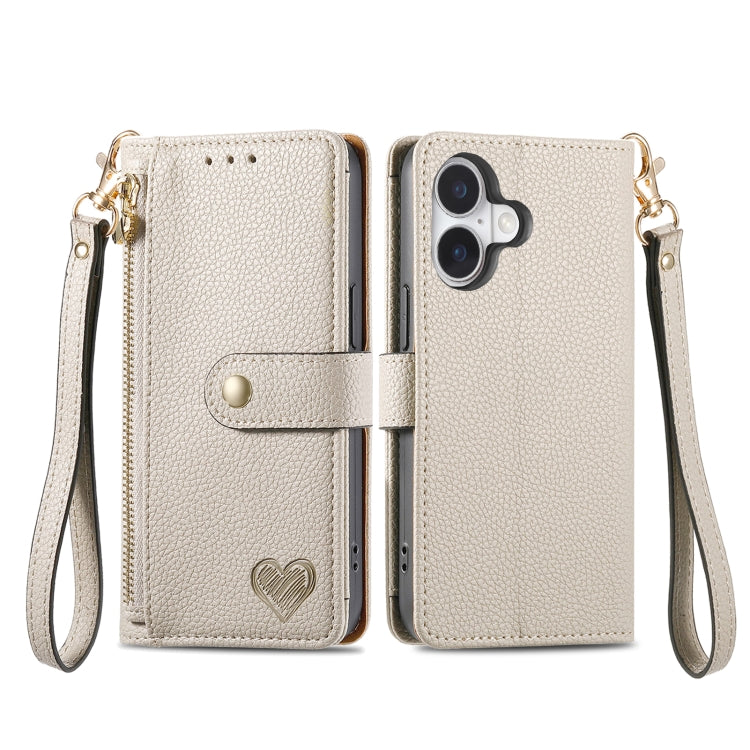 For iPhone 16 Love Zipper Lanyard Leather Phone Case(Gray) - iPhone 16 Cases by PMC Jewellery | Online Shopping South Africa | PMC Jewellery | Buy Now Pay Later Mobicred