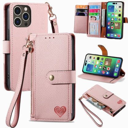 For iPhone 16 Pro Max Love Zipper Lanyard Leather Phone Case(Pink) - iPhone 16 Pro Max Cases by PMC Jewellery | Online Shopping South Africa | PMC Jewellery | Buy Now Pay Later Mobicred