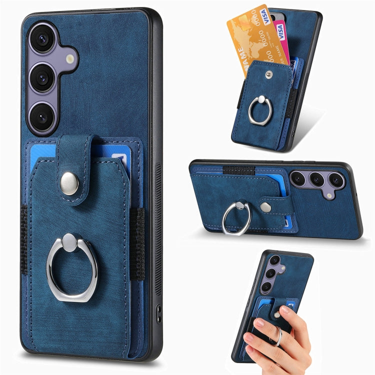 For Samsung Galaxy S25 5G Retro Skin-feel Ring Card Wallet Phone Case(Blue) - Galaxy S25 5G Cases by PMC TechLife | Online Shopping South Africa | PMC TechLife | Buy Now Pay Later Mobicred
