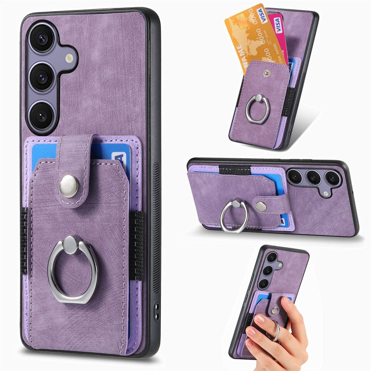 For Samsung Galaxy S25 5G Retro Skin-feel Ring Card Wallet Phone Case(Purple) - Galaxy S25 5G Cases by PMC TechLife | Online Shopping South Africa | PMC TechLife | Buy Now Pay Later Mobicred