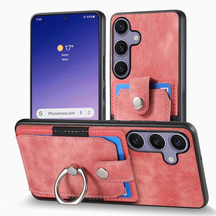 For Samsung Galaxy S25+ 5G Retro Skin-feel Ring Card Wallet Phone Case(Pink) - Galaxy S25+ 5G Cases by PMC TechLife | Online Shopping South Africa | PMC TechLife | Buy Now Pay Later Mobicred