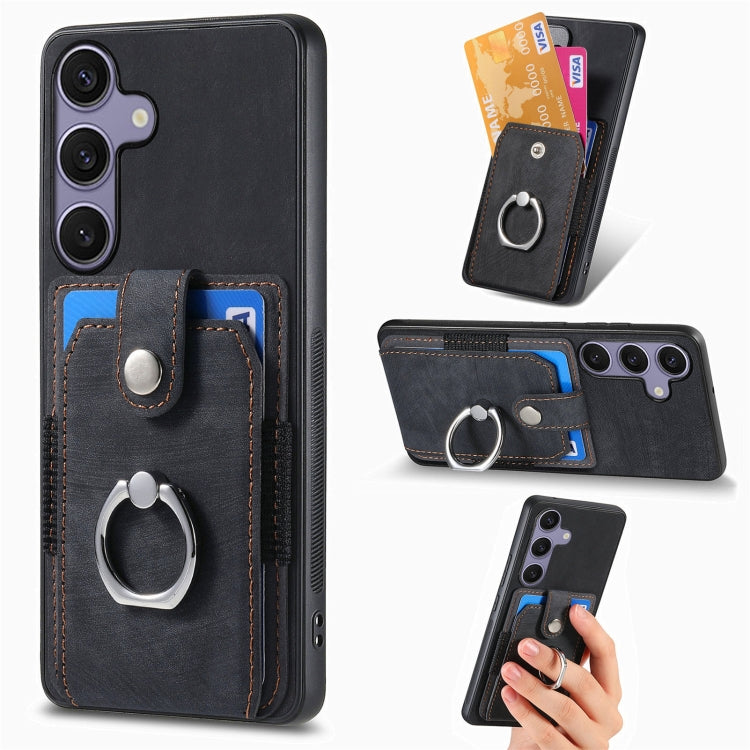 For Samsung Galaxy S25 Ultra 5G Retro Skin-feel Ring Card Wallet Phone Case(Black) - Galaxy S25 Ultra 5G Cases by PMC TechLife | Online Shopping South Africa | PMC TechLife | Buy Now Pay Later Mobicred