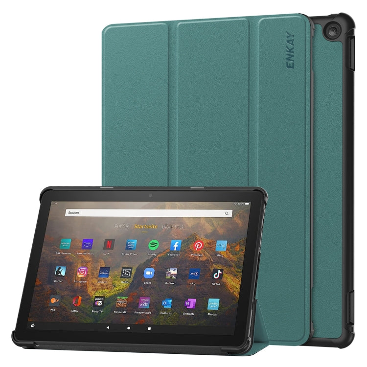 For Amazon Fire HD 10 2023 ENKAY ENKAY Tri-fold Custer Texture Leather Smart Tablet Case(Dark Green) - Amazon by ENKAY | Online Shopping South Africa | PMC TechLife | Buy Now Pay Later Mobicred