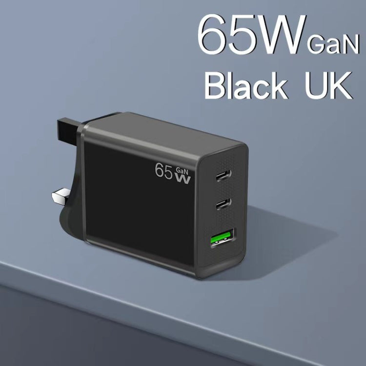 GaN PD65W Type-C x 2 + USB3.0 Charger with Type-C to Type-C Data Cable ,UK Plug(Black) - USB Charger by PMC Jewellery | Online Shopping South Africa | PMC Jewellery | Buy Now Pay Later Mobicred