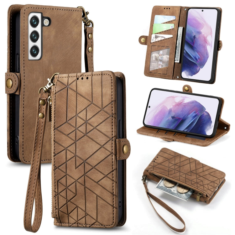 For Samsung Galaxy S22+ 5G Geometric Zipper Wallet Side Buckle Leather Phone Case(Brown) - free shipping - PMC TechLife - Order now!