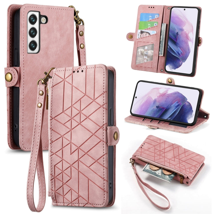 For Samsung Galaxy S22 Ultra 5G Geometric Zipper Wallet Side Buckle Leather Phone Case(Pink) - free shipping - PMC TechLife - Order now!